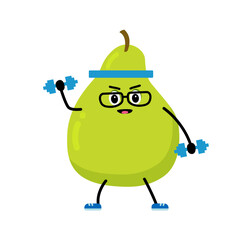 A cute, strong pear. The concept of classes in the gym with the image of pear, health, fitness. Vector illustration in flat style.
