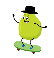 Cute pear character riding a skateboard. Cartoon Happy pear on skateboard. Vector illustration in flat style. concept of a healthy lifestyle and sports.