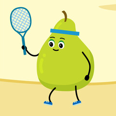 Cute pear. Lemon plays tennis. 
The concept of a gym, health, fitness, cartoon. Vector illustration.