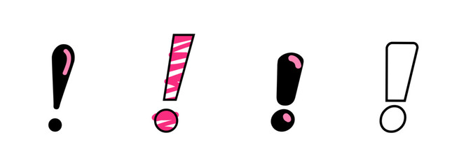 Exclamation mark icon in red speech bubble with black line, doodle style. Vector illustration in a flat style. 