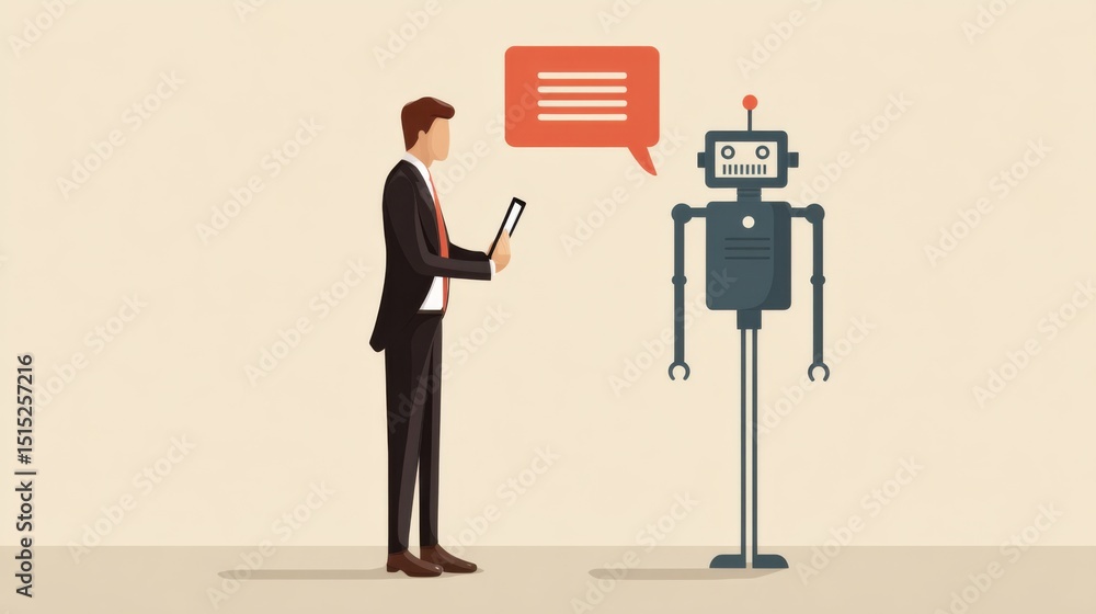 Poster business professional interacts with a robot assistant in a modern office setting