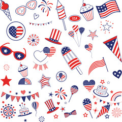 Obraz premium Hand-drawn 4th of July elements collection, 4th of July Celebration Elements, Set of icons for Independence Day of the USA.