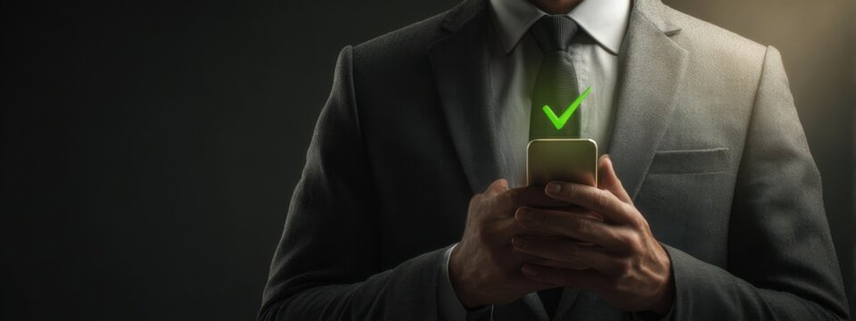 Businessman checks smartphone to see message confirmation in a dimly lit office environment