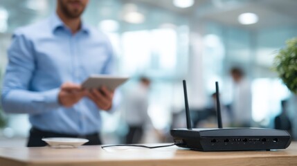 Technology setup in a modern office with a person using a tablet and a router on the table