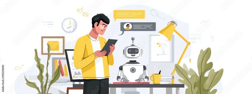 Poster man interacts with humanoid robot in a modern workspace during daylight while using a tablet