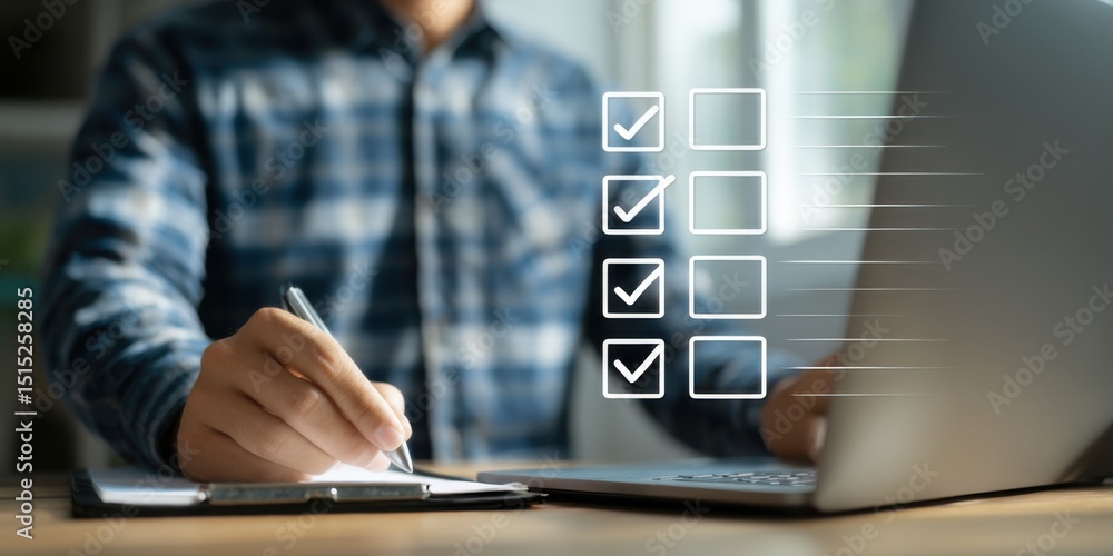 Poster person completing a checklist while working on a laptop in a bright office setting