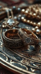 Obraz premium Intricate golden jewelry displayed on an ornate surface at an artisan market showcasing craftsmanship and beauty