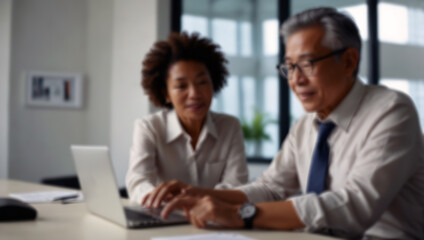 Fototapeta premium Business people working together in modern office. Blurred background with copy space. Created using generative AI tools 