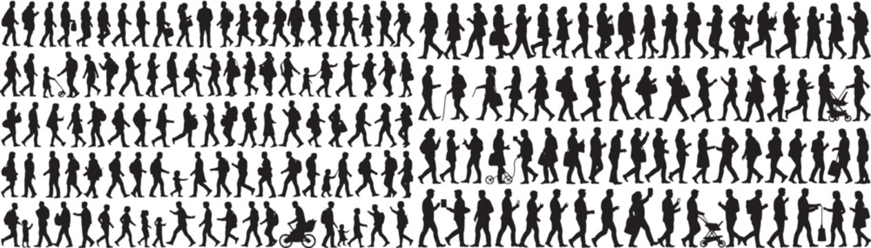 Black human silhouettes featuring people of various ages, genders, and businessmen, adults, children, and babies in different dynamic poses such as standing, walking, sitting, pointing, dancing,