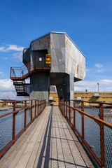 Sauna at Allmanna harbour bath with floating swimming pools in Frihamnen, Gothenburg, Sweden, sunny day