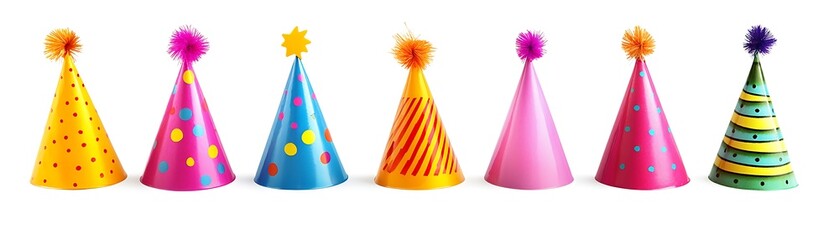 A vibrant assortment of six colorful party hats arranged in a row on a white background for...