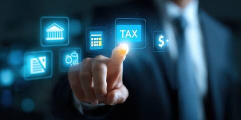 Fototapeta premium Business professional engaging with digital tax symbols while analyzing financial data in a modern office environment