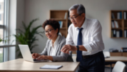 Fototapeta premium Business people working together in modern office. Blurred background with copy space. Created using generative AI tools 
