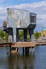 Sauna at Allmanna harbour bath with floating swimming pools in Frihamnen, Gothenburg, Sweden, sunny day