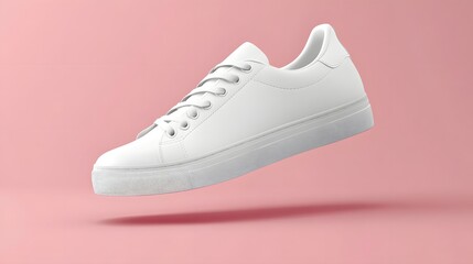 White athletic shoe suspended in the air.