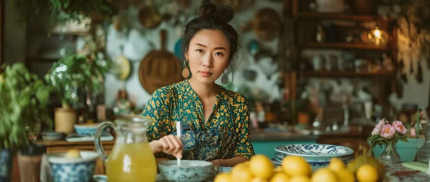 Asian woman setting dinnerware with a citrus juice pitcher on the kitchen dining table