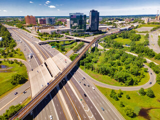 Aerial view of the subway station, highway, and skyscrapers in downtown Tyson's Corner, Virginia.