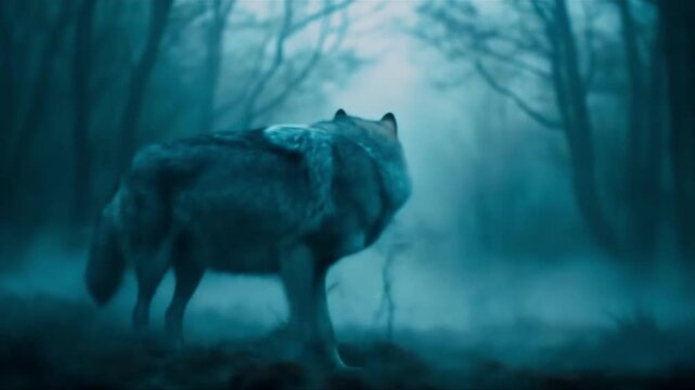 A terrible predator in the fog angrily bares its fangs. A creepy video clip for Halloween.