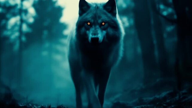 A terrible predator in the fog angrily bares its fangs. A creepy video clip for Halloween.