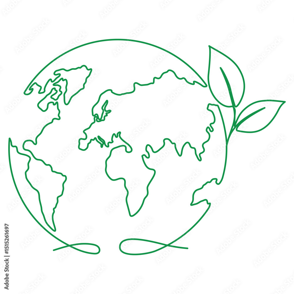 Poster earth globe with leaves continuous line drawing. world map with curve line. vector illustration isol