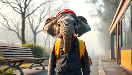 Elephant wearing a backpack and a hat standing on a path in a park
