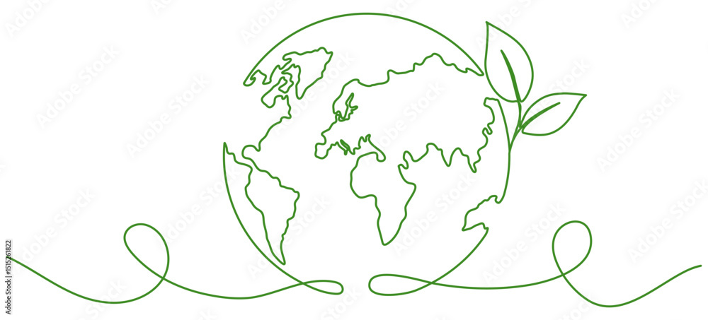 Poster earth globe with leaves continuous line drawing. world map with curve line. vector illustration isol