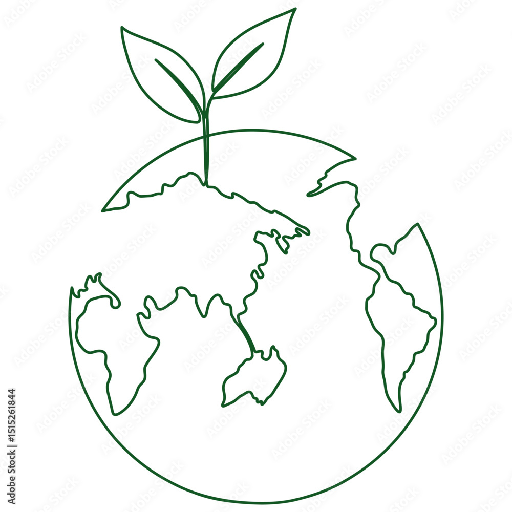 Poster earth globe with leaves continuous line drawing. world map with curve line. vector illustration isol