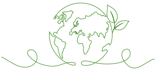 Fototapeta premium Earth globe with leaves continuous line drawing. World map with curve line. Vector illustration isolated on white.