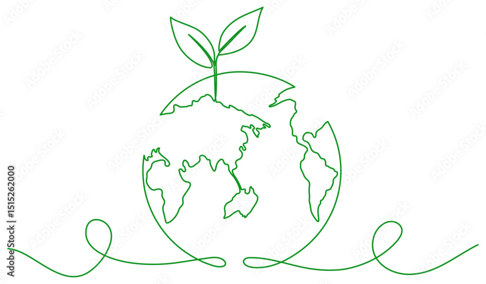 Poster earth globe with leaves continuous line drawing. world map with curve line. vector illustration isol