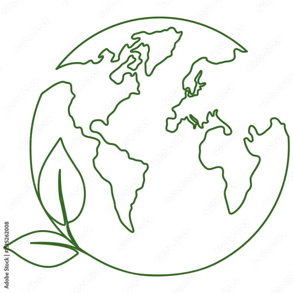 Poster earth globe with leaves continuous line drawing. world map with curve line. vector illustration isol