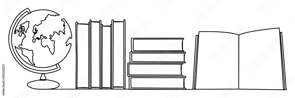 Aufkleber stack of books with globe continuous line drawing. education concept. vector illustration isolated o