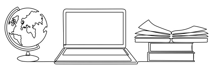 Laptop with book and globe continuous line drawing. Education concept. Vector illustration isolated on white.