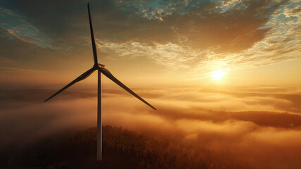 Single white wind turbine standing majestically on hill during golden sunset with atmospheric haze