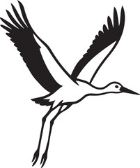 Stork in flight silhouette elegant style, Flying bird black and white silhouette art