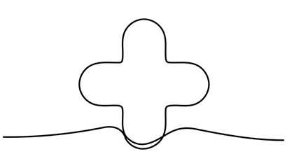 Continuous line drawing plus sign. Medicine or mathematic symbol. Vector illustration isolated on white.