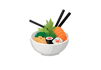Delicious Japanese Ramen Bowl with Sushi and Salmon – Vector Illustration