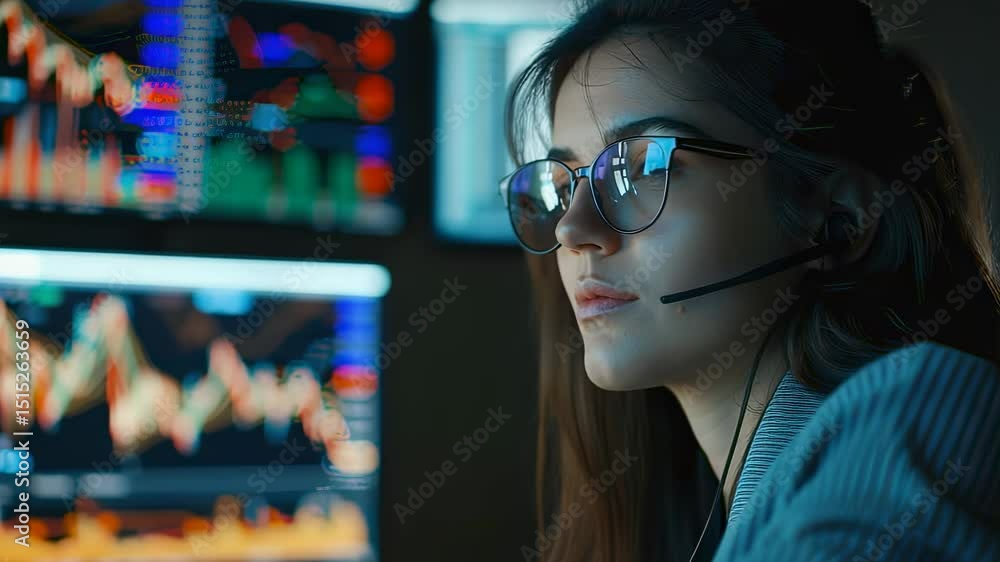 Poster focused trader with headset analyzing stock market data on multiple screens in a modern office