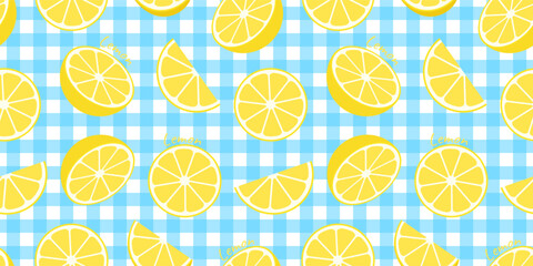 Ripe juicy lemons on a checkered background, summer seamless pattern for coverings, wallpapers, menus. Tropical fruits. Raw and vegetarian food. 