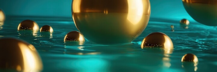 Golden spheres gently float on a calm turquoise surface, reflecting soft light in a serene, minimalist composition that blends artistry, balance, and natural beauty. 