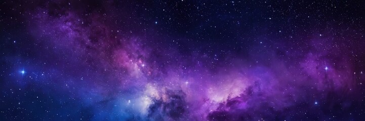 A cosmic scene of vibrant purple and blue nebulae drifts among countless stars, capturing the vast beauty and mystery of the universe with deep color and celestial motion. 