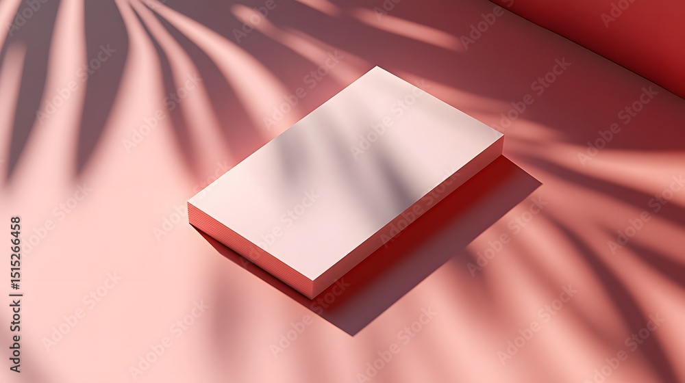 Poster pastel pink rectangular object displayed on a surface with tropical leaf shadows.
