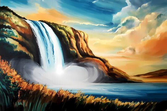 Majestic Waterfall: A picturesque cascading waterfall plunges dramatically over a rugged cliff, its cascading waters meeting a serene lake as clouds roll by.