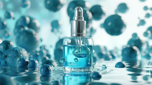 Cosmetic serum bottle with blue liquid and floating spheres, product shot