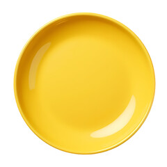 A simple top down view of a vibrant yellow ceramic plate centered  isolated on transparent background
