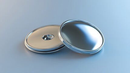 Two shiny metallic circular buttons on a light-blue surface.