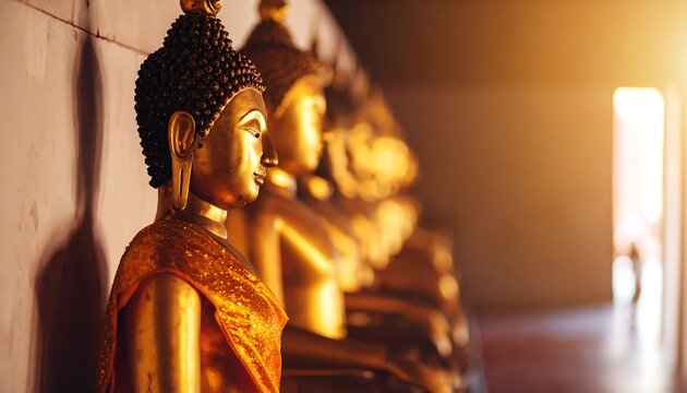 Golden Buddha Statues with Temple Interior.