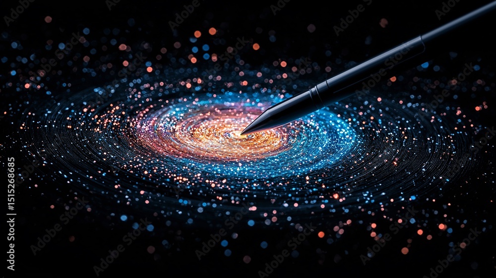 Poster stylus pointing at a spiral galaxy data node