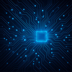 Futuristic Circuit Board Background with Glowing Blue Neon Lines and Central Microchip, High-Tech Digital Network Concept for Technology, AI, and Innovation Themes.
