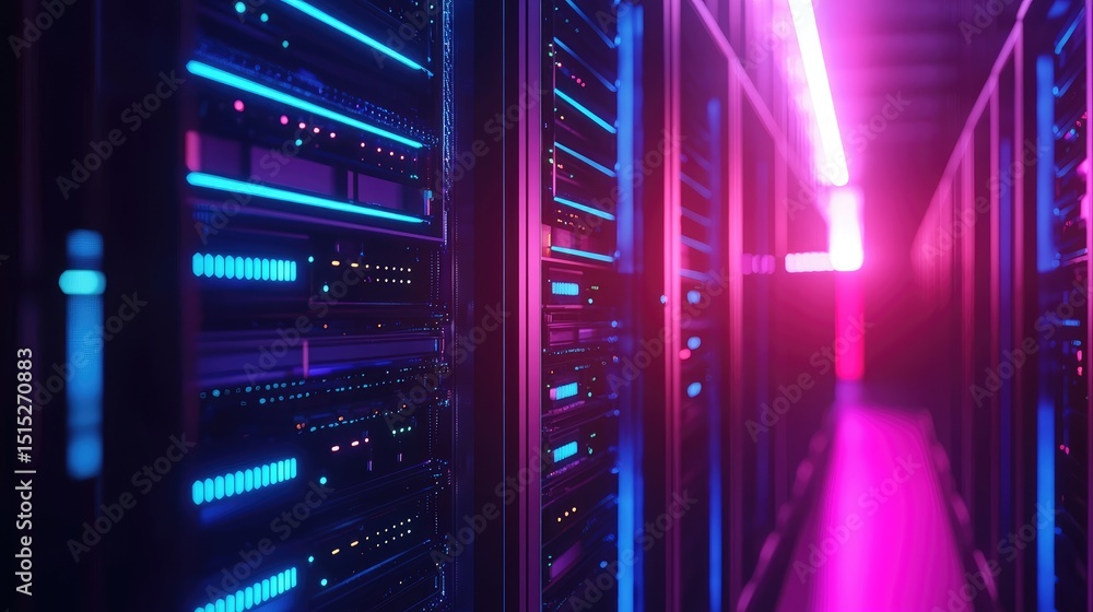 Fototapete Bright neon-lit server racks in a futuristic data center corridor illuminated by vibrant pink and blue lights, representing modern computing and digital network systems