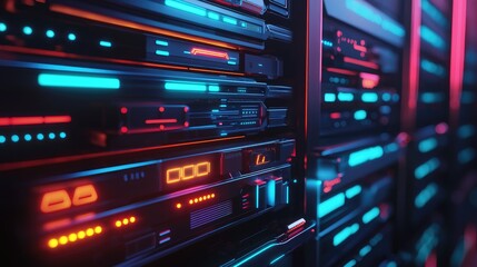 Fototapeta premium Close-up view of futuristic server hardware with glowing neon red and blue lights, highlighting advanced data processing, digital systems, and cyber infrastructure